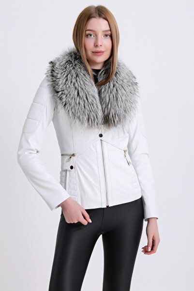 Leather Club Beyaz Arjante Fox Aksesuarlı Yelekli Deri Ceket