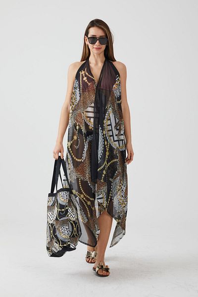 AYSHOME Ays Home Fashion Leopard μοτίβο μαύρο φόρεμα παραλίας