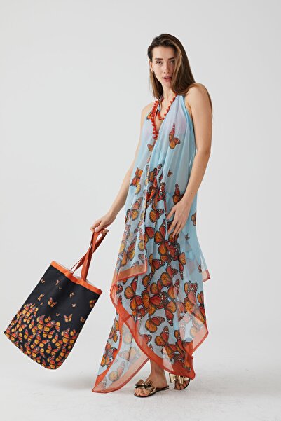 AYSHOME Ays Home Butterfly Pattern Μακρύ Μπλε Φόρεμα Παραλίας