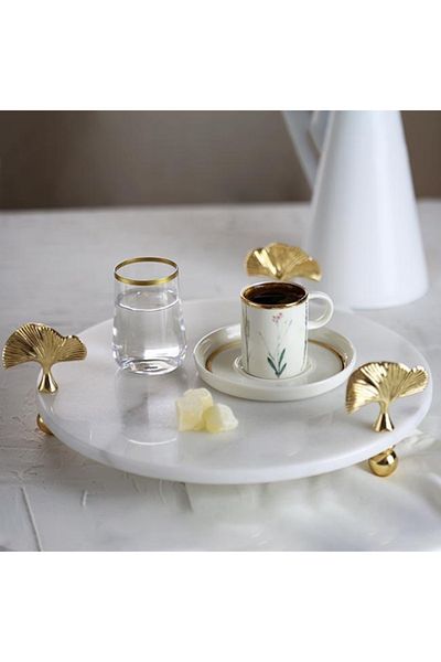 Akayev 30 Cm Marble White Gold Foot Ginkgo Presentation Plate