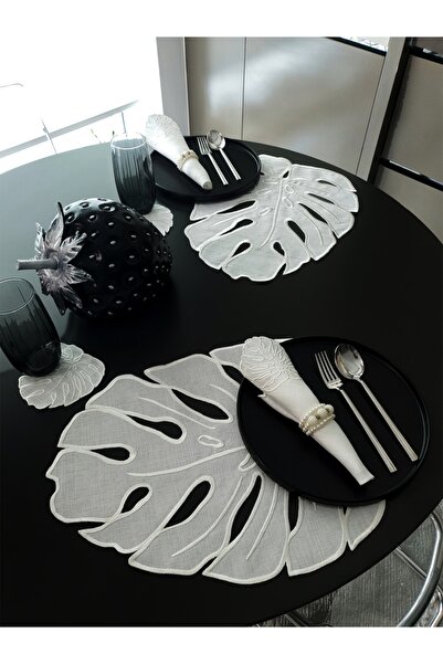 Tanem Home طقم مفارش أطباق من قماش الكتان المستورد المطرز بنمط أوراق الشجر مك...