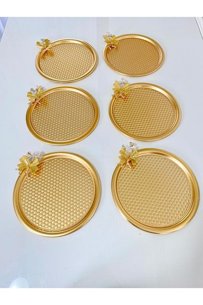 Mira züccaciye Set of 6 Butterfly and Round Patterned Gold Presentation, Decorative Serving Tray, Tea, Cake and Coffee 23 Cm