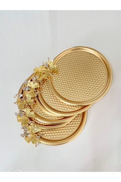 Mira züccaciye Set of 6 Butterfly and Round Patterned Gold Presentation, Decorative Serving Tray, Tea, Cake and Coffee 23 Cm