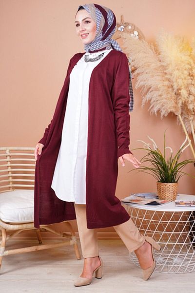 FY Giyim Women's Burgundy Seasonal Long Knitwear Cardigan