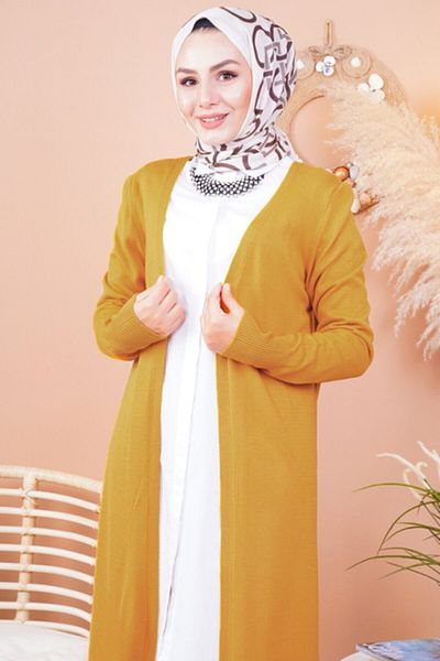 FY Giyim Women's Mustard Seasonal Long Knitwear Cardigan