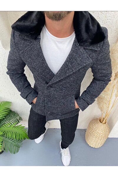 leonmen Italyan Stil Çıkarılabilir Kürk Detaylı Kruvaze Yaka Kaşe Kaban