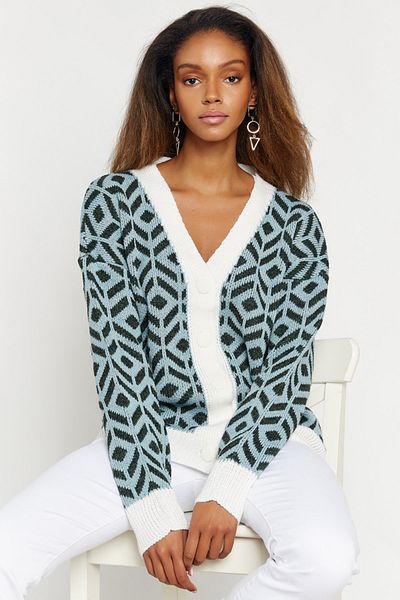 Hopoi Cardigan cu nasturi cu model albastru pentru femei 40039