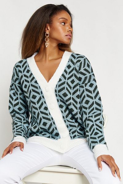 Hopoi Cardigan cu nasturi cu model albastru pentru femei 40039