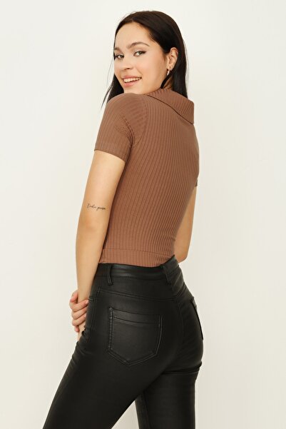 Select Moda Kadın Kahverengi Önü Büzgülü Örme Alttan Çıtçıtlı Body