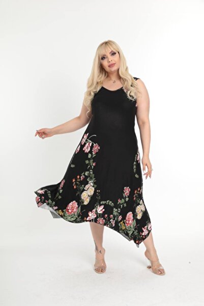 ModaSehle Women's Plus Size Buckle Strap Floral Patterned Black Dress