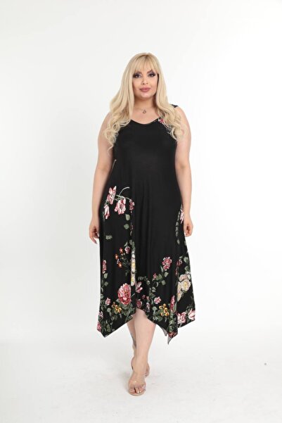 ModaSehle Women's Plus Size Buckle Strap Floral Patterned Black Dress