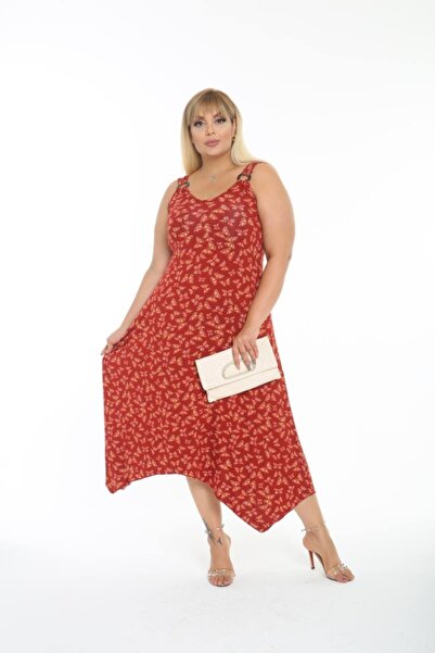 ModaSehle Women's Large Size Buckle Strap Butterfly Pattern Red Dress
