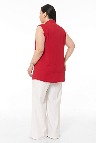 DISENTIS MODEST Büyük Beden Gömlek Yaka Düğmeli Kolsuz Kırmızı Gömlek