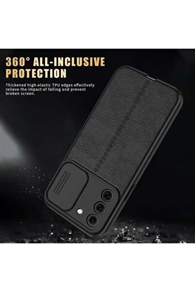 Fibaks Samsung Galaxy A03s Uyumlu Kılıf Sürgülü Slide Kamera Korumalı Deri Görünümlü Lüks Kapak