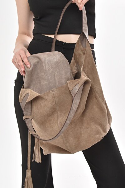 Ysmn حقيبة كتف نسائية من الجلد الطبيعي من جلد الغزال مزينة بشرابة من فرو المنك Yc011969DSU