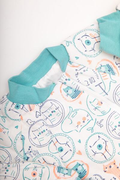 Mika Bebek & Çocuk Slim Fit Turquoise Salmon Cat Patterned Unisex Baby Kids Sleeping Bag