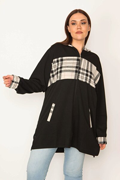 Şans Women's Large Size Black Unlined Front Zippered Plaid Garnished Hooded Coat 65n31945