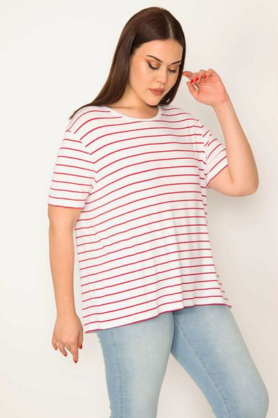Şans Women's Large Size Bone Bike Collar Striped Blouse 65n32061