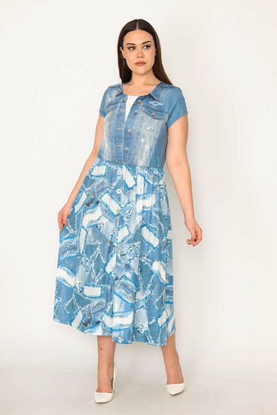 Şans Rochie cu mânecă scurtă, cu detaliu, cu imprimeu albastru, cu gâtul turn, mărime mare, pentru femei 65n31830