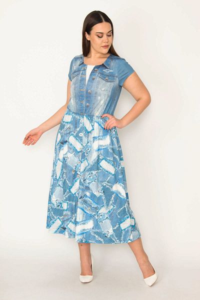 Şans Rochie cu mânecă scurtă, cu detaliu, cu imprimeu albastru, cu gâtul turn, mărime mare, pentru femei 65n31830