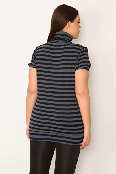 Şans Women's Plus Size Black Stand Collar Chest Pleated Striped Blouse 65n32058