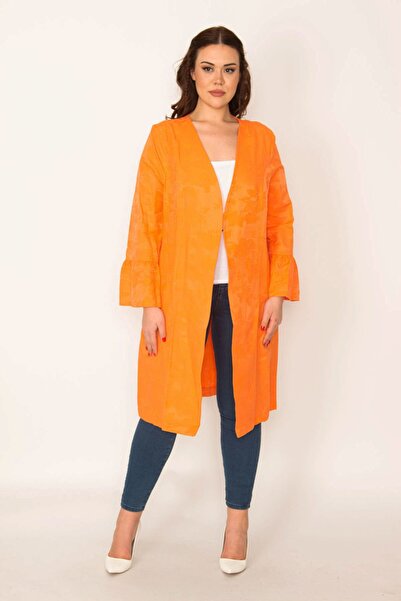 Şans Women's Large Size Orange Sleeve Detailed Single Lace Closure Unlined Cape 65n32092