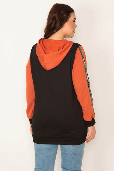 Şans Women's Large Size Orange Zipper and Hood Detailed Color Combination Sweatshirt 65n32076