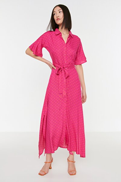 Trendyol Collection Fuchsia Belted Polka Dot Maxi Viscose Woven Shirt Dress TWOSS19EL0094