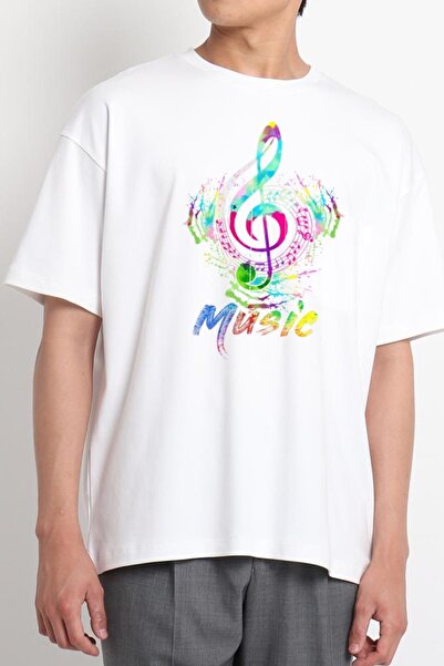 GreenMint تي شيرت أبيض غير تقليدي ملون للجنسين مطبوع عليه موسيقى تريبل كليف
