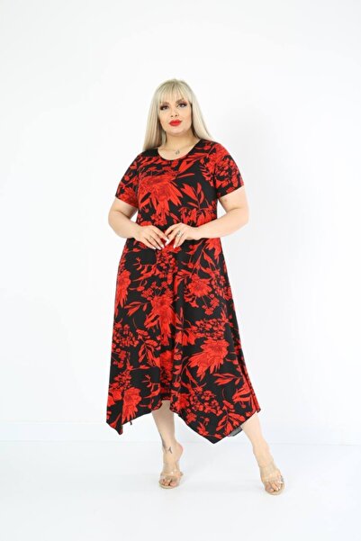 ModaSehle Women's Plus Size Black Patterned Short Sleeve Dress