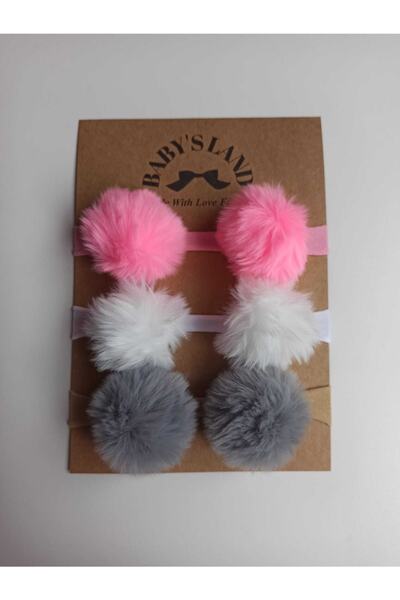 Babyland Kız Çocuk / 3 Renkli Ponponlu Lastik Bandana 3 Lü Set