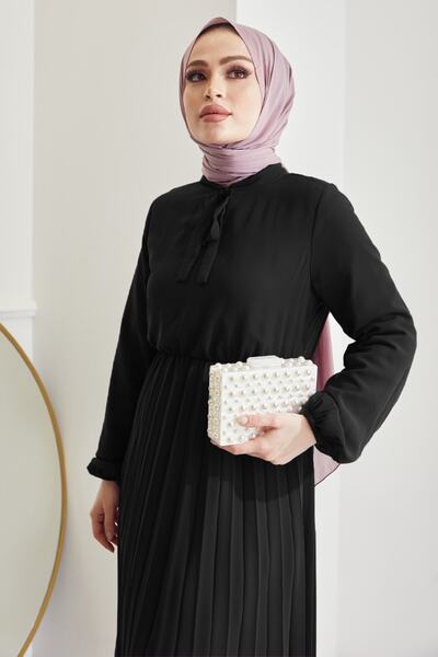 InStyle Piliseli Limelda Şifon Tesettür Elbise - Siyah