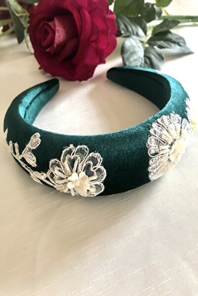 alsaccessories Coroană de păr elegantă din catifea verde cu detaliu de guipură