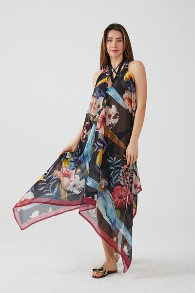 AYSHOME Μαύρο φόρεμα παραλίας με τροπικό σχέδιο Ays Home Fashion