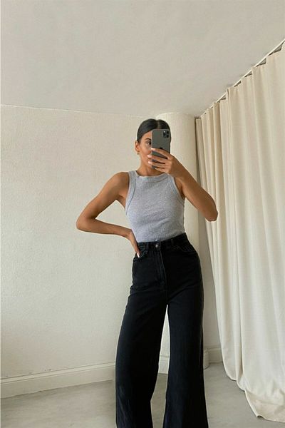 Trn JNS Lizovl 90's Black Snow Lycra Super ψηλόμεσο φαρδύ τζιν παντελόνι. (ΥΠΕΡ ΥΨΗΛΟ.) Φαρδύ πόδι.