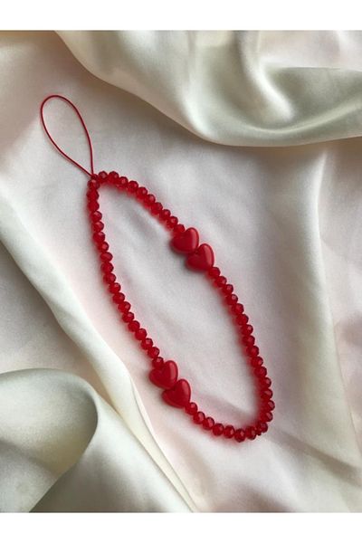 PEONY - peonyofficiall Red Heart And Red Crystal Bead Phone Charm Phone Strap