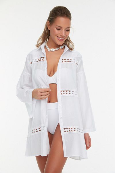 Trendyol Collection Cămașă de plajă țesută albă 100% bumbac cu accesorii cu dungi TBESS22GO0213