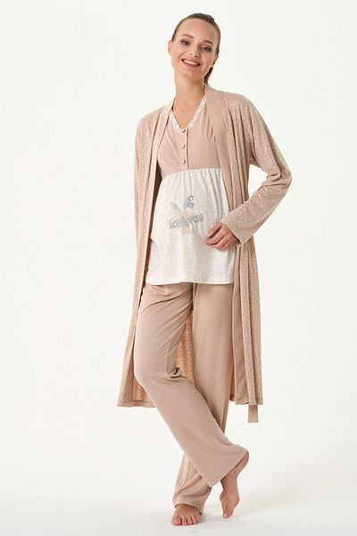 Feyza Pijama 4481 Γυναικείο Σετ Πιτζάμες εγκυμοσύνης με καφέ πουά