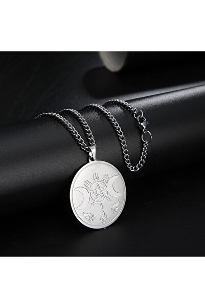 Viking Pentagram & Moon - Trident & Flames Witchcraft 316l Çelik Madalyon Kolye