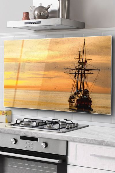 Olinpa 76x50 Cm Glass Protective Countertop - Built-in Stove Back, Ship Pattern