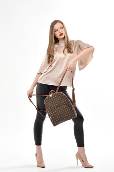 Ysmn Γυναικείο σακίδιο πλάτης με μονόγραμμα καφέ Yc041581slg