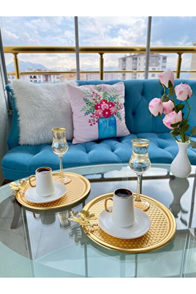 Mira züccaciye 6'lı Kelebekli Yuvarlak Desenli Gold Sunum , Dekoratif Servis Tepsisi, Çay, Pasta Kahve 23 Cm
