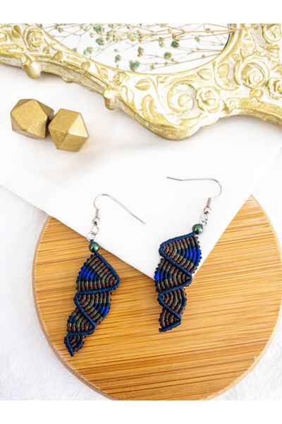 BeuBella Aksesuar El Yapımı Lacivert Mumlu Ip Üzeri Desen Işlemeli Makrome Küpe