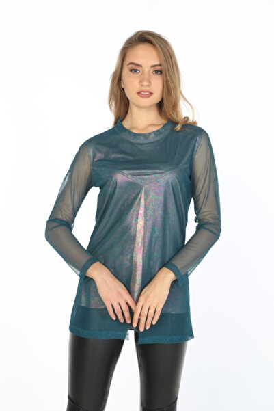 Hanna's by Hanna Darsa Kadın Yeşil Hologram Ve File Garnili Örme Bluz