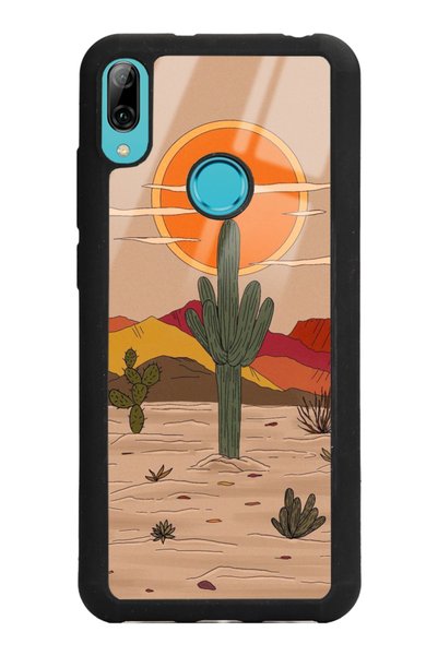 Spoyi Glossy Phone Case for Huawei Y6 (2019) Retro Cactus Sun Design