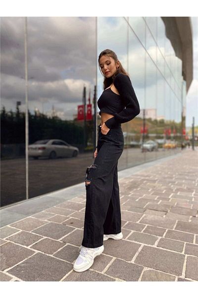 Trn JNS Pantaloni largi în lycra neagră ruptă din anii 90 Layza cu talie super înaltă. (SUPER ÎNALT.) Picior lat.