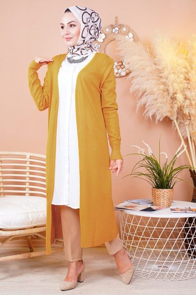 FY Giyim Women's Mustard Seasonal Long Knitwear Cardigan