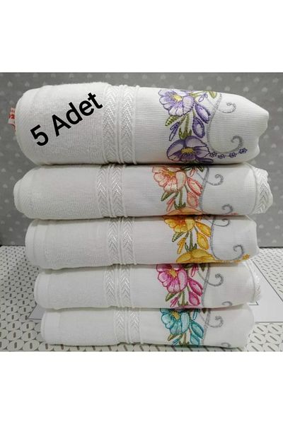 Özdilek (5 Pieces) 50x90 Cm Embroidered Dowry Hand and Face Towel White