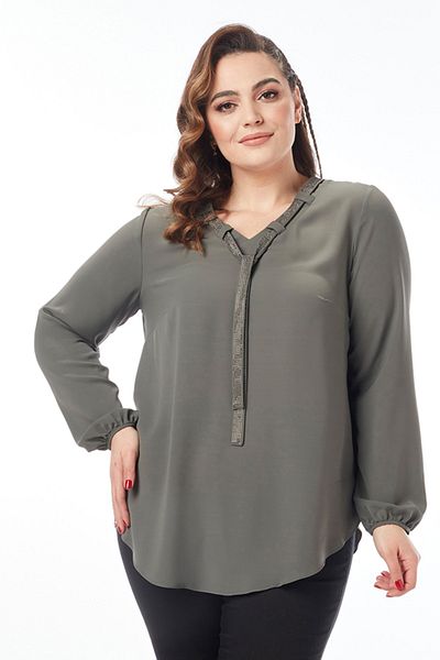 Moda Alba بلوزة أنيقة ذات ياقة كاكي ومربوطة بالحجر مقاس كبير