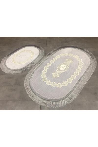 Bonny Home Set de toaletă exclusivist, oval, gri, cu smocuri, din 2 piese, Set covoraș pentru baie Dowry
